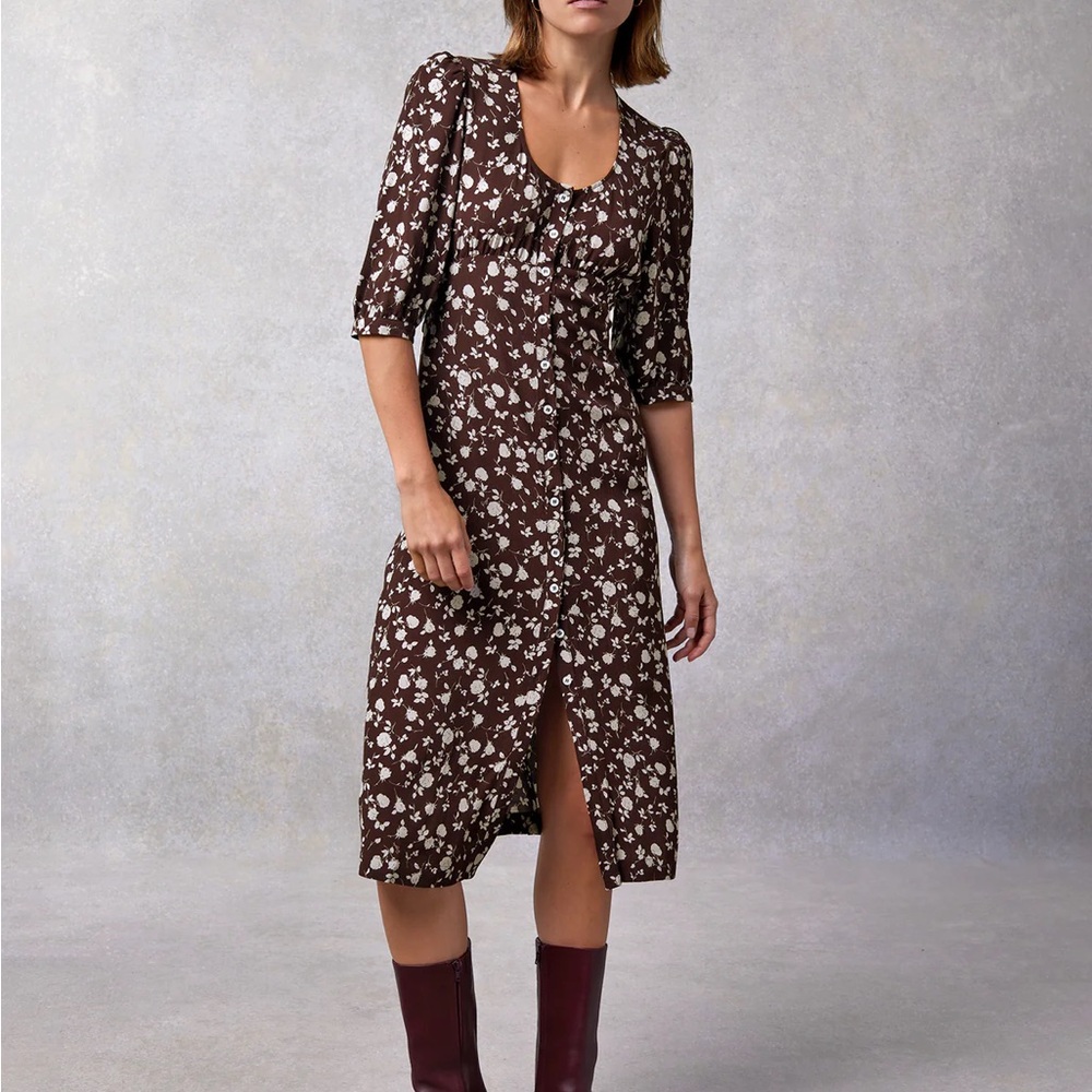 Rouje Brown and White Wrap Midi Dress 3/4 Sleeve Scoop Neck